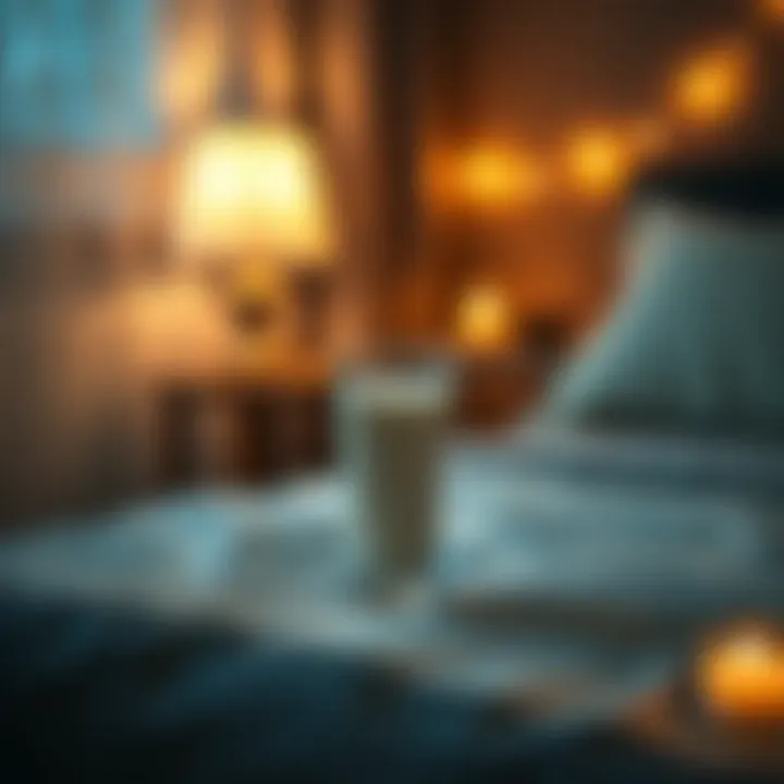 Calming night scene with a glass of kefir on a bedside table