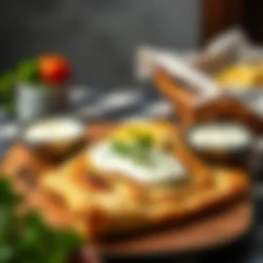 A finished pide served with a side of yogurt and herbs