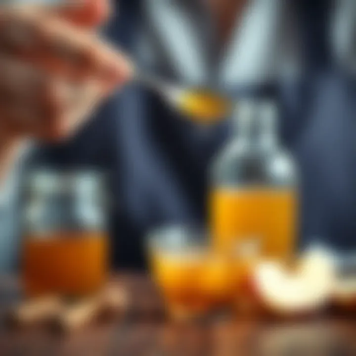 A person measuring a spoonful of apple cider vinegar for a health tonic.