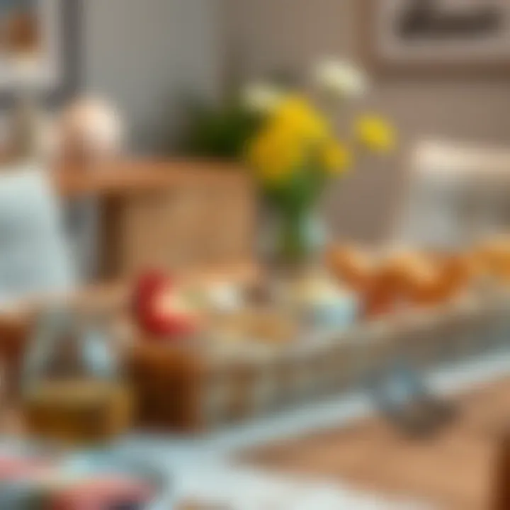 A modern dining table set with a wicker tray filled with delicious treats