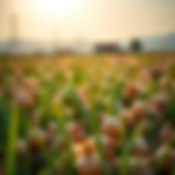 Field of thriving onion plants under the sun