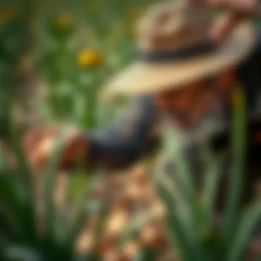Gardener inspecting onion growth in the field