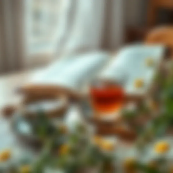 Relaxation with Chamomile Tea and Literature A serene setting with chamomile tea and a book for relaxation