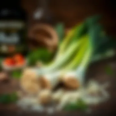 Fresh leeks and ingredients on a wooden table