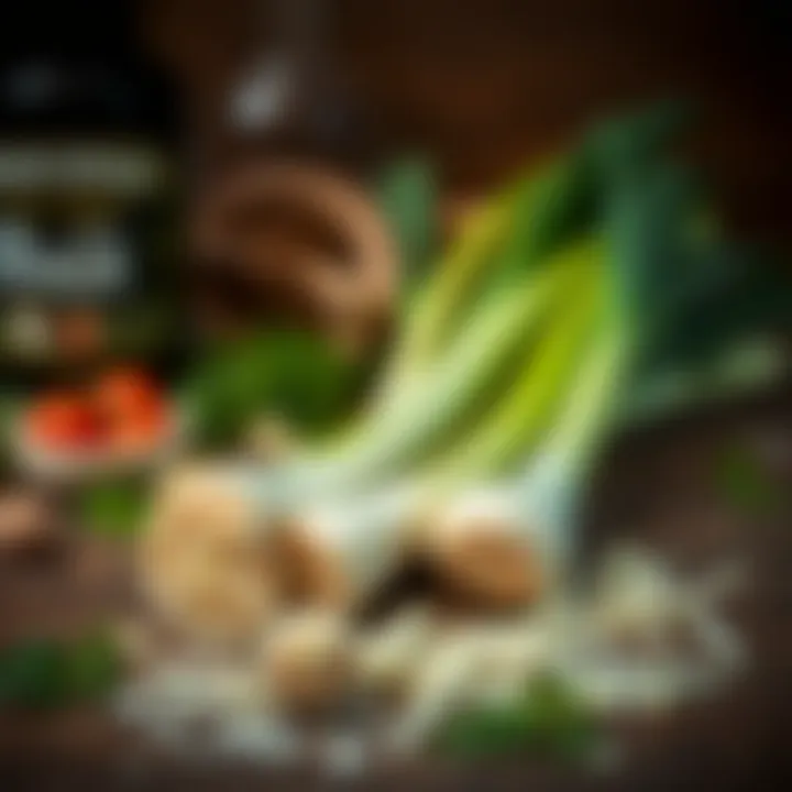 Fresh leeks and ingredients on a wooden table