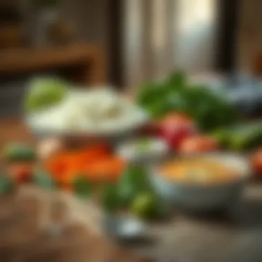 Fresh ingredients for making rice soup laid out on a wooden table