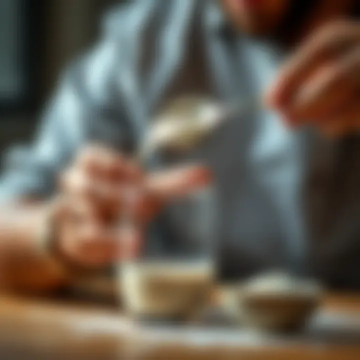 Precision in Protein Powder Measurement A person measuring protein powder for a shake