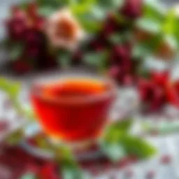 A vibrant cup of rooibos tea surrounded by fresh rooibos leaves