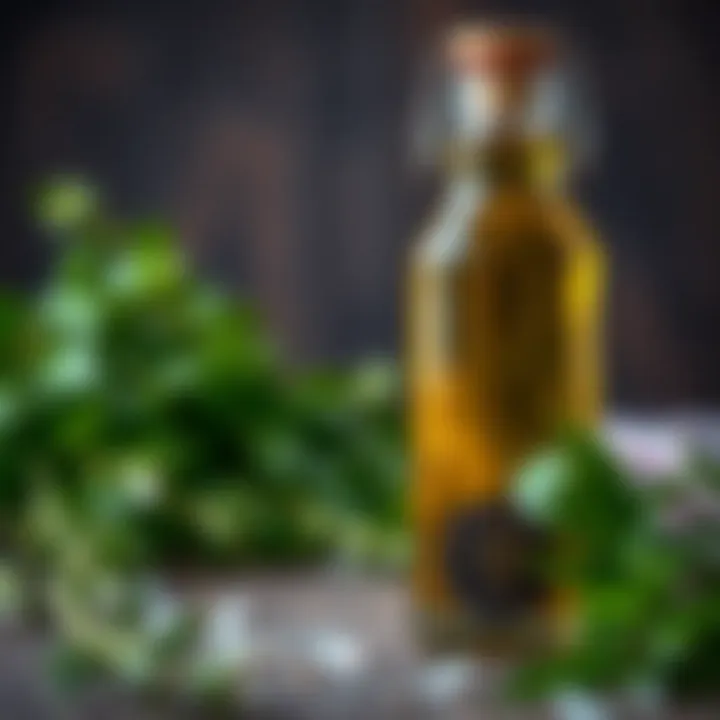 Elegance in Olive Oil An elegant bottle of olive oil with fresh herbs