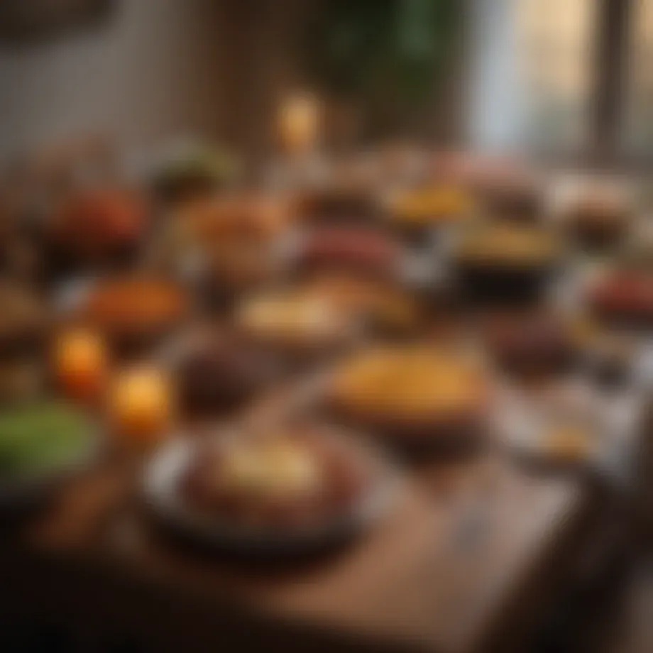 A serene dawn breaking with soft light illuminating a table of traditional foods for Sahur