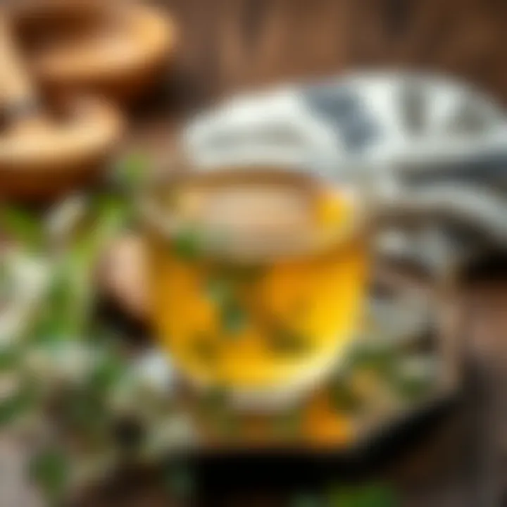 An elegant arrangement of herbal tea made from shepherd's purse, highlighting its infusion