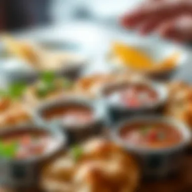 Vibrant Presentation of Börek A vibrant presentation of börek served with dipping sauces and garnishes.