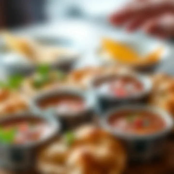 Vibrant Presentation of Börek A vibrant presentation of börek served with dipping sauces and garnishes.