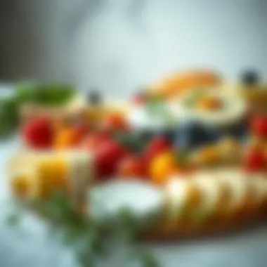 An elegant cheese platter artfully arranged with fresh herbs and fruits, highlighting dairy versatility.