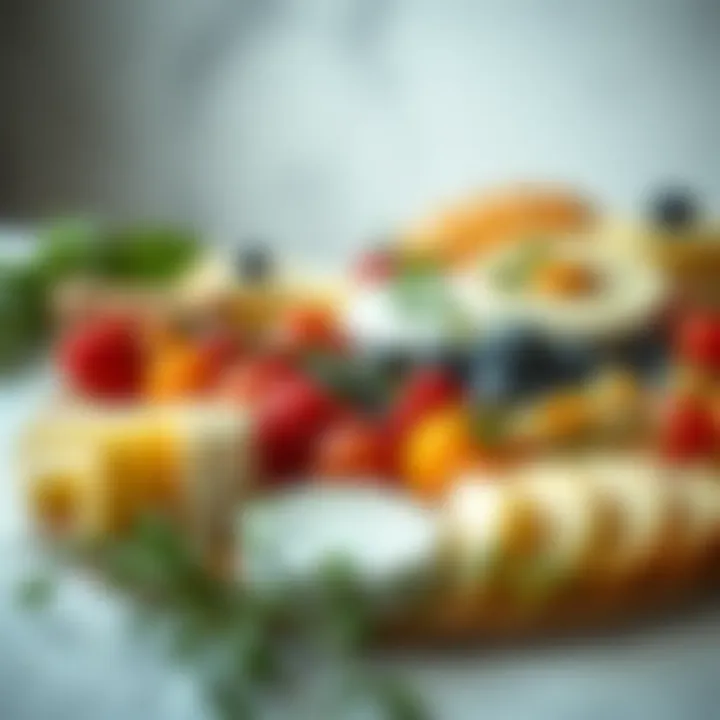 An elegant cheese platter artfully arranged with fresh herbs and fruits, highlighting dairy versatility.