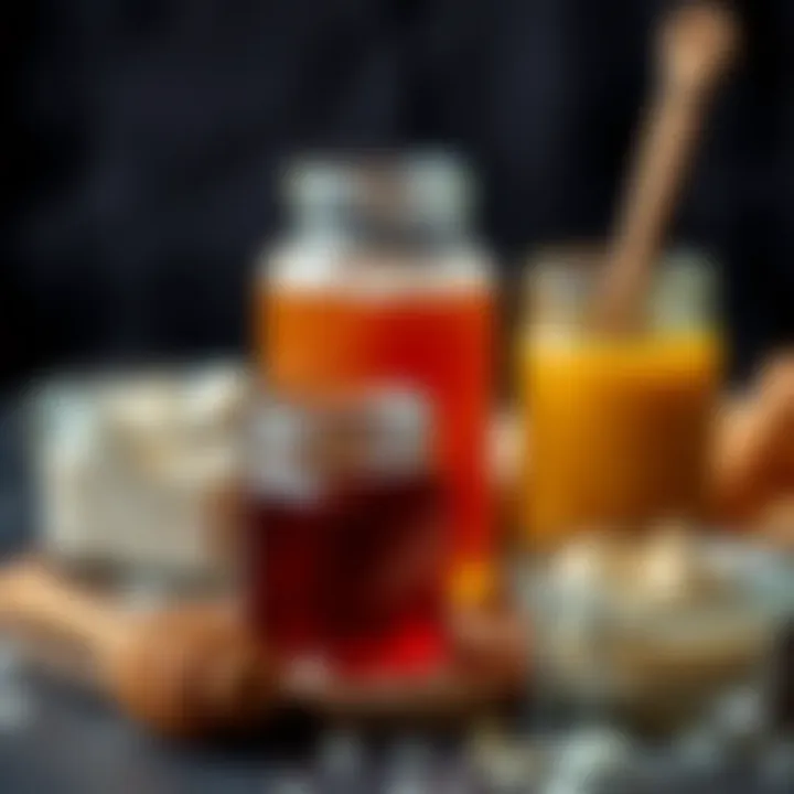 A variety of natural sweeteners like honey and agave in small jars