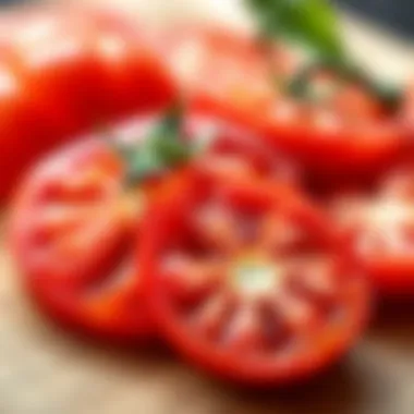 Sliced Sweet Tomatoes with Juicy Texture Close-up of sliced sweet tomatoes showcasing their juicy texture