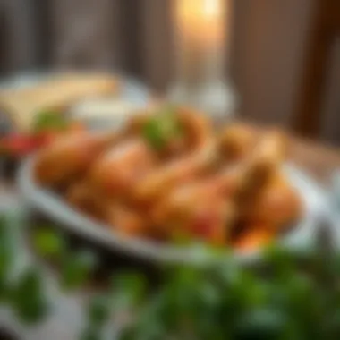 Elegant presentation of boiled chicken drumsticks Serving platter with beautifully presented boiled chicken drumsticks