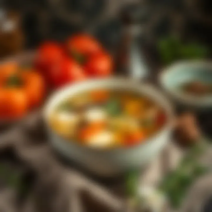 A bowl of nutrient-rich broth with vegetables and spices
