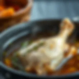 Tender chicken thigh simmering in a flavorful broth