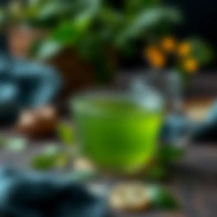 A close-up of a steaming cup of green tea with fresh leaves beside it.