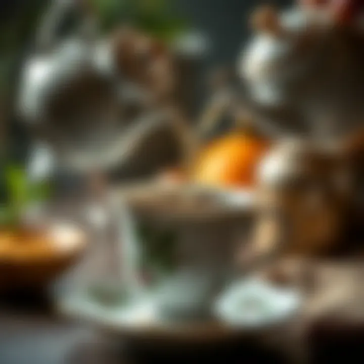 An elegant teapot pouring tea into a delicate china cup.
