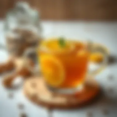 A close-up of ginger tea with honey and lemon garnish