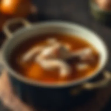 A close-up view of the simmering chicken broth, highlighting the flavors and textures.