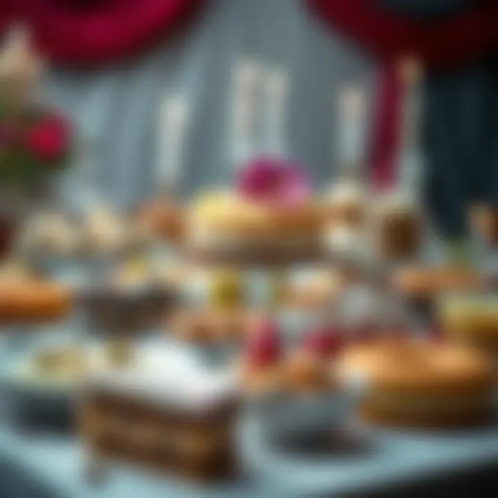 Lavish Dessert Table Display Close-up of a lavishly decorated dessert table featuring various sweets made with flour, sugar, and eggs.