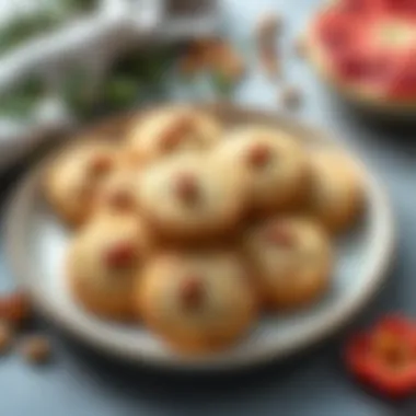 A beautifully arranged plate of chickpea flour cookies with a sprinkle of nuts