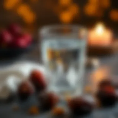 An inviting glass of water and dates for iftar