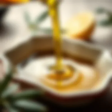 A close-up of high-quality olive oil poured into a ceramic dish