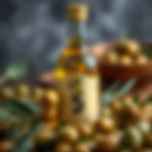 A bottle of Yudum olive oil surrounded by fresh olives