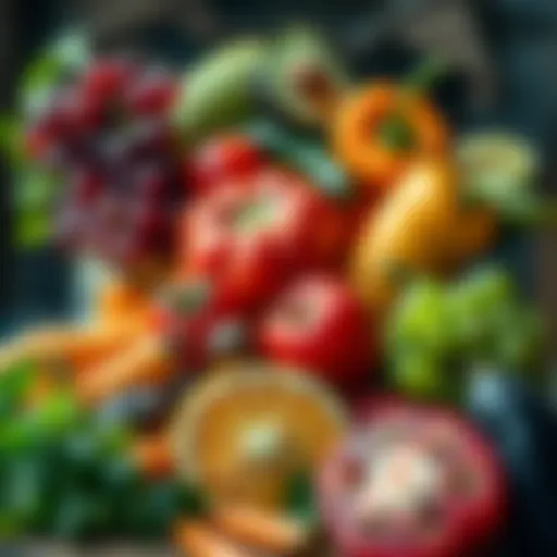 Fresh fruits and vegetables arranged beautifully, emphasizing healthy eating.